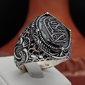 La Galibe illAllah Arabic &quot;There is no victor except Allah&quot; is engraved on the Hematite Stone. 925 Silver Men&#39;s Ring, Father&#39;s Day Gift