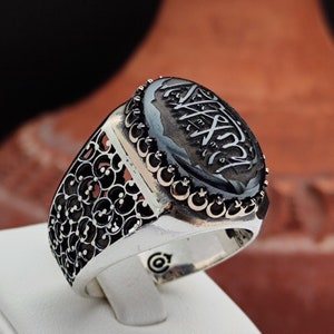 La Galibe illAllah Arabic &quot;There is no victor except Allah&quot; is engraved on the Hematite Stone. 925 Silver Men&#39;s Ring, Father&#39;s Day Gift