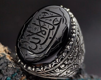 Silver Men&#39;s Ring with &quot;La Galibe İllallah&quot; Written on the Original Onix Stone, Islamic Men&#39;s Ring, Gift for Men, Gift for my Husband