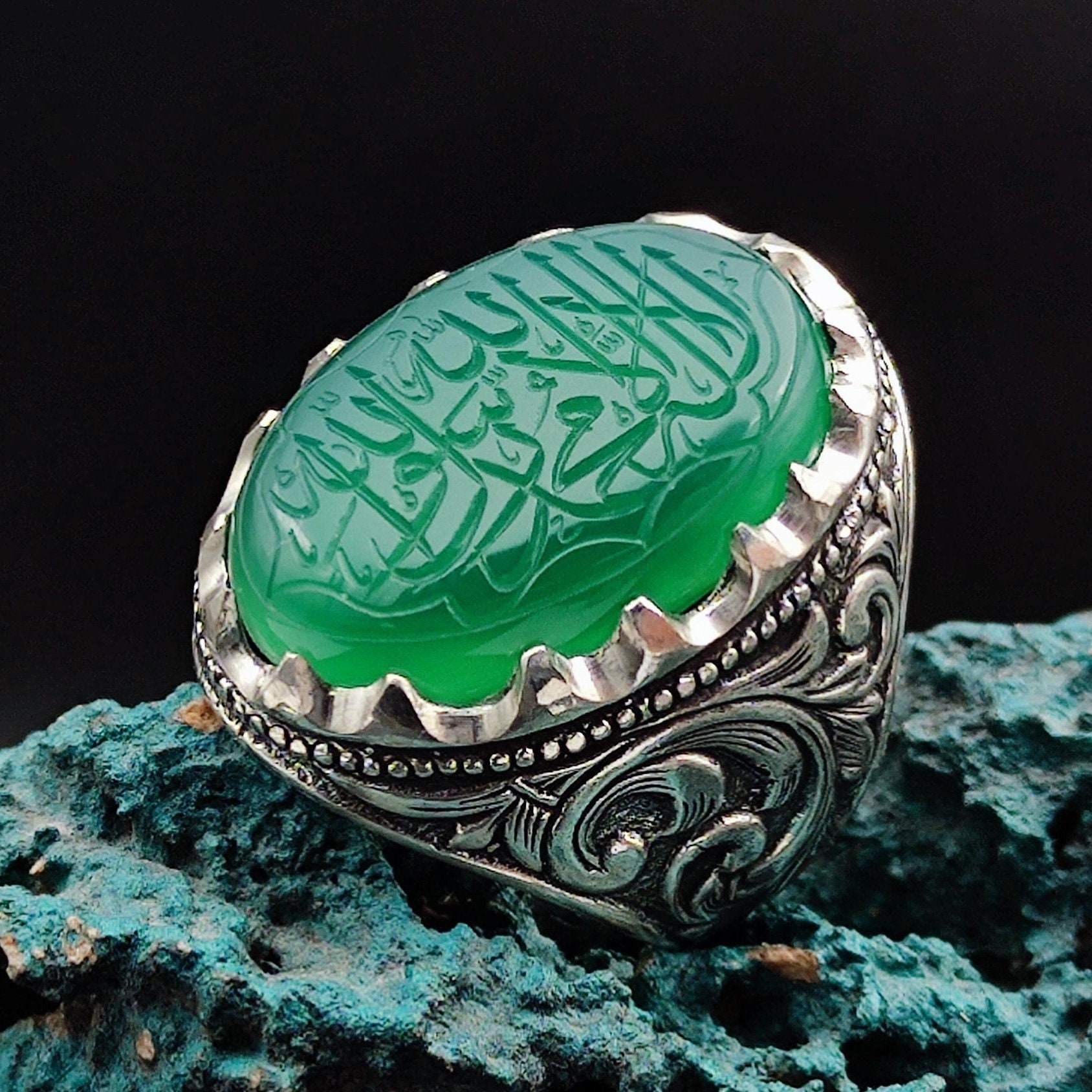 Kalima-i Tawhid Hand-engraved natural Jade Stone, Islamic Silver Men's Ring, Handmade Ring, Gift for my Husband, Islamic Gift Ring