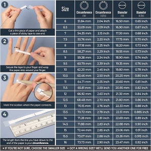 May include: A chart showing ring sizes in millimeters and inches. The chart includes both circumference and diameter measurements. The chart also includes instructions on how to measure your ring size using a piece of paper and tape.