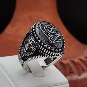 La Galibe illAllah Arabic &quot;There is no victor except Allah&quot; is engraved on the Hematite Stone. 925 Silver Men&#39;s Ring, Father&#39;s Day Gift