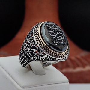La Galibe illAllah Arabic &quot;There is no victor except Allah&quot; is engraved on the Hematite Stone. 925 Silver Men&#39;s Ring, Father&#39;s Day Gift