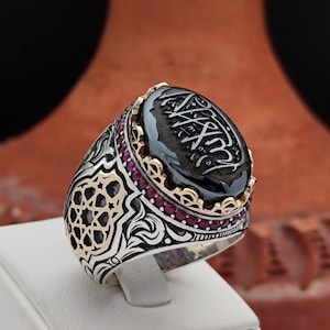 La Galibe illAllah Arabic &quot;There is no victor except Allah&quot; is engraved on the Hematite Stone. 925 Silver Men&#39;s Ring, Father&#39;s Day Gift