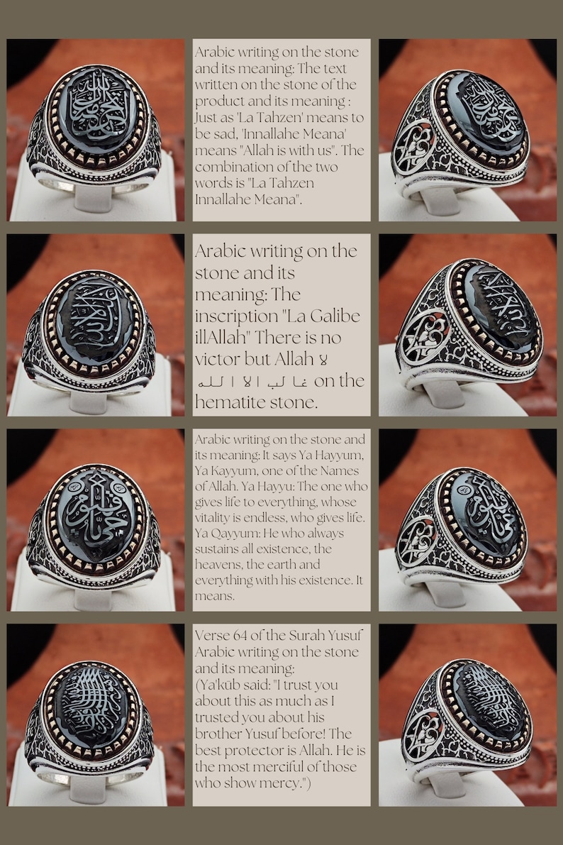 May include: A silver ring with a black hematite stone set in the center. The stone features Arabic calligraphy, which translates to "There is no victor but Allah." The ring is a beautiful and meaningful piece of jewelry.