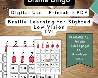Karty do gry w bingo w klasie: Braille dla uczniów widzących, TVI, słabowidzących, CVI (do druku w formacie PDF)