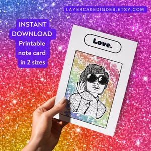 Carte imprimable Rainbow Love Diva Pop Art Fierté en téléchargement numérique Mod Style pull et grosses lunettes Félicitations Merci pour un ami