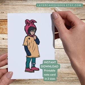 Tarjeta imprimible Conejito Niño Conejito de Pascua Niño Primaria en Disfraz Vístete Niño Lindo Niño Desaliñado Para Pascua Para Cumpleaños Arte Original Inclusivo