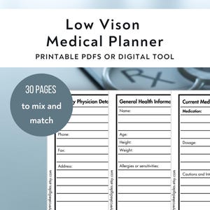 Könnte beinhalten: Ein druckbarer medizinischer Planer mit 30 Seiten zum Mischen und Anpassen. Der Planer enthält Abschnitte für allgemeine Gesundheitsinformationen, aktuelle Medikamente und Arztdetails. Der Planer ist für Menschen mit Sehbehinderung konzipiert.