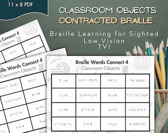 Karty bingo w brajlu z skróconym tekstem: przedmioty do nauki dla uczniów widzących (PDF)