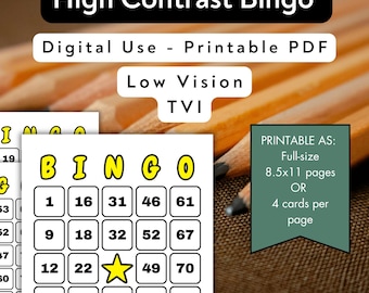 Karty do gry w bingo o wysokim kontraście: seniorzy, osoby z niedowidzeniem, osoby z zaburzeniami widzenia (plik PDF do druku)