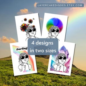 Regenbogen Karte zum Ausdrucken Karte Set Frau mit Sonnenbrille Shades Blumen Bienen Kristalle Inclusive Line Art Für Ihn Für Sie Für Sie Liebling Mod Stil