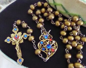 Portuguese wood Rosary crucifix necklace Viana heart rhinestones