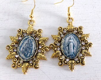 Vintage Virgin Mary Jesus Christ medals rhinestones Cameo earrings