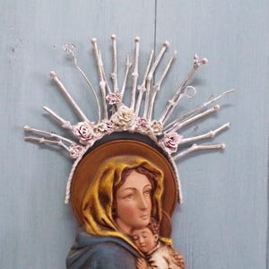 Vine branches Roses distressed White halo filigree Silver leaf crown for statues Virgin Mary