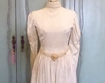 Vintage satin Ivory tone paisley ornated bridal wedding gown for repurpose