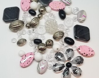 Black,Pink and White Beauties Assorted beads Mixed for your Jewelry making or Mosaic Designs JEWM106C