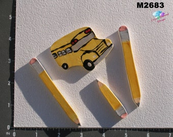 School Bus and Pencils - Kiln Fired Handmade Ceramic Mosaic Tiles M2683