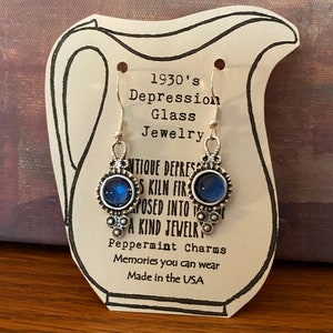 1930’s Depression glass cobalt blue fancy earrings sterling silver