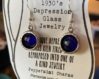 1930’s Depression glass cobalt blue hammered silver earrings sterling silver