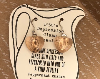 1930’s PINK Depression glass HEART earrings sterling silver