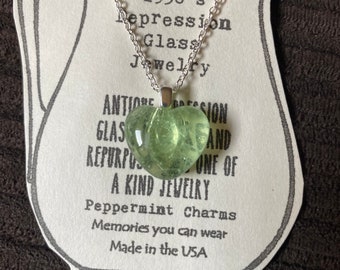 Green Depression glass small Heart pendant necklace Sterling Silver