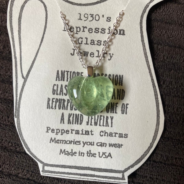 Green Depression glass small Heart pendant necklace Sterling Silver