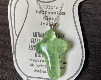 Green Depression glass Cross on sterling silver chain