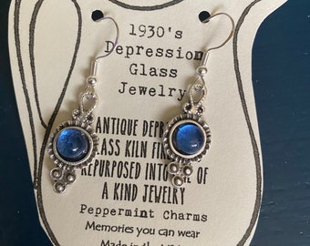 Depression glass Cobalt blue antique earrings sterling silver earrings