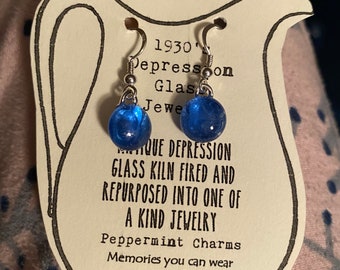 Cobalt Blue Depression Glass Earrings sterling silver