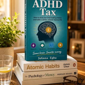 May include: A teal book titled The ADHD Tax by Juliana Egbu, featuring a brain illustration with a pound symbol, resting on two white books titled Atomic Habits and The Psychology of Money. The cover includes text about financial life.