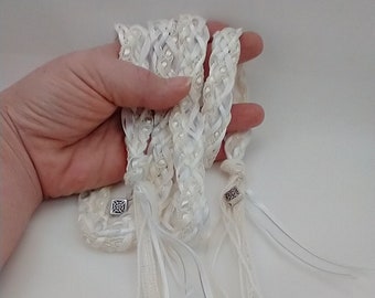 Wedding Handfasting Cord White Ivory Loops and Organza with Silver Filigree Hearts