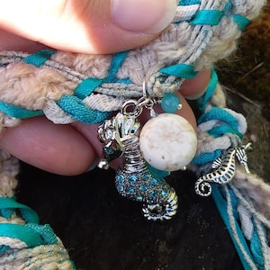 Wedding Handfasting Cord - Crystal Seahorse Sandy Beach Tan Brown Natural Teal Blue