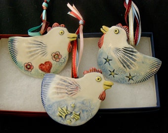 3 Ceramic Chicken Ornaments with 2  gift boxes on Sale,  hand made, porcelain, wall hanging, bird ornament  , chicken lover , white chicken