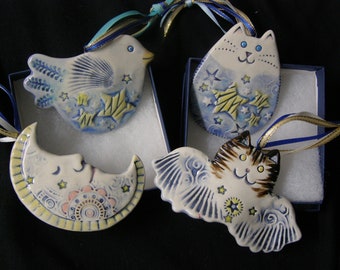 4 Ceramic Star theme Ornaments in 2 gift boxes on Sale,  handmade, porcelain, wall hanging, celestial ornament ,cat, bird, moon, winged cat