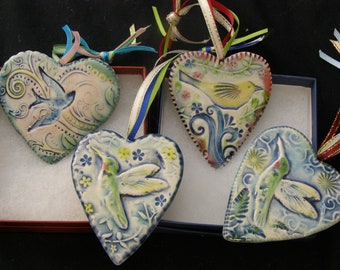 4 Ceramic Bird on a heart Ornaments with 2 gift boxes on Sale,  hand made, porcelain, wall hanging, valentine, hummingbird, bird lover gift