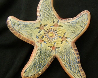 Ceramic Sea Star wall hanging for home or garden. Ceramic star fish ,ocean theme , beach , wall decor, bath decor , garden art, sea star