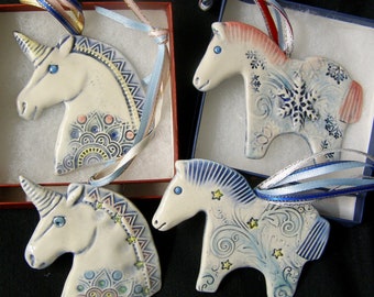 4 Ceramic Horse Ornaments with 2 gift boxes on Sale,  hand made, porcelain, wall hanging, Unicorn head, horse/pony decor, horse lover gift