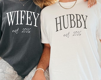 Comfort Colors® Hubby Wifey Shirt, Matching Couple Shirt With Est Year, Personalized Husband Wife Shirt, Wedding Anniversary Gift Shirt