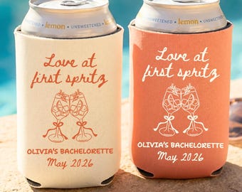 Love at First Spritz Can Coolers, Personalized Bachelorette Can Sleeves, Custom Aperol Spritz Bachelorette Party Favors, Let's Get Spritzy