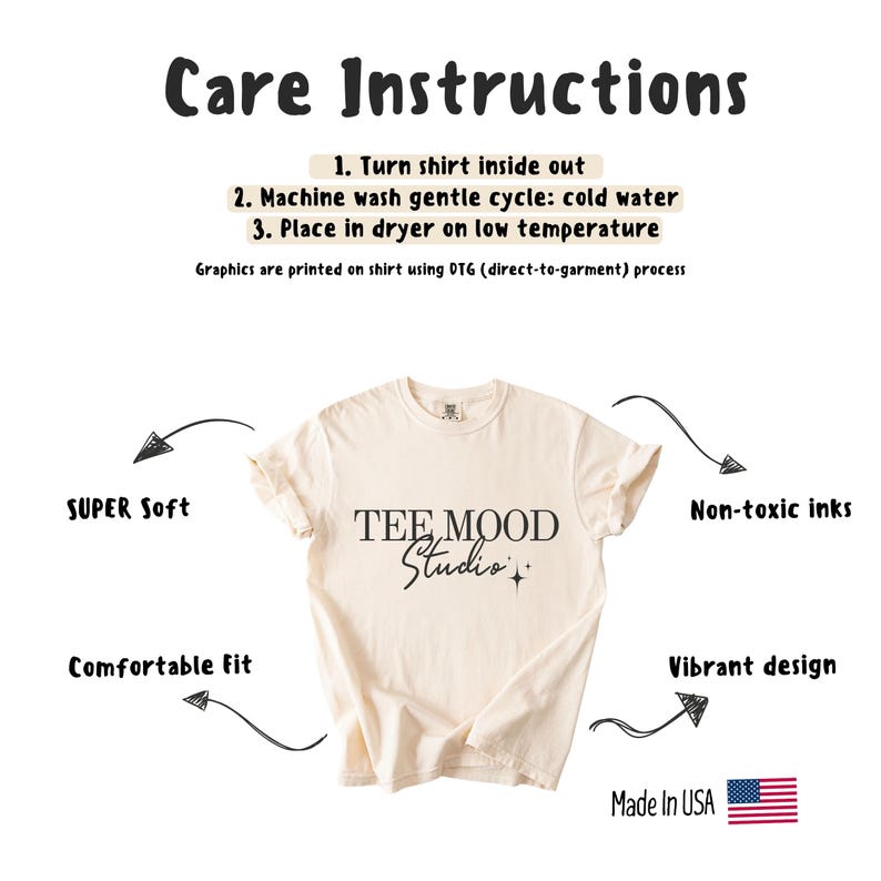 May include: A beige t-shirt with the text "TEE MOOD Studio" printed in black. The shirt is made with non-toxic inks and has a comfortable fit. Care instructions are listed above the shirt.