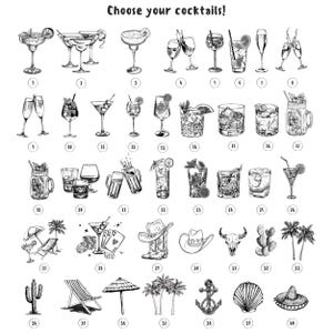 May include: A black and white illustration of 40 different cocktail drink options. The image includes a variety of cocktails, including margaritas, martinis, and daiquiris. The image also includes a variety of other items, such as cacti, palm trees, and cowboy hats.