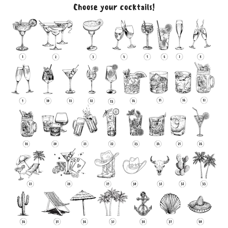 May include: A black and white illustration of 40 different cocktail drink options. The image includes a variety of cocktails, including margaritas, martinis, and daiquiris. The image also includes a variety of other items, such as cacti, palm trees, and cowboy hats.