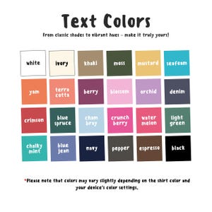 May include: A color chart with the title "Text Colors" displays a variety of text color options. The chart includes colors like white, ivory, khaki, moss, mustard, seafoam, yam, terra cotta, berry, blossom, orchid, denim, crimson, blue spruce, chambray, crunch berry, water melon, light green, chalky mint, blue jean, navy, pepper, espresso, and black.