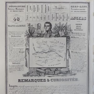 May include: A black and white map of the Maine-et-Loire region of France, with the city of Angers highlighted. The map is surrounded by a decorative border with images of a clock, a woman, and a man. The text "REMARQUES & CURIOSITÉS" is printed below the map.