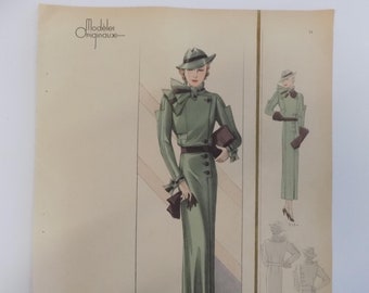 May include: A vintage fashion illustration of a woman wearing a green dress and hat. The illustration is from the magazine "Modeles Originaux" and is dated 1938.