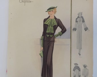 May include: A vintage fashion illustration of a woman wearing a brown suit with a green bow and a green hat. The illustration is from a fashion magazine and includes the text "Modeles Originaux" and "919".