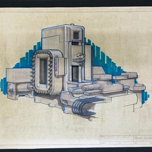 May include: An architectural rendering of a machine, likely for industrial use. The drawing is in shades of gray and beige, with blue accents suggesting a cityscape in the background. The machine has a complex design with various components.