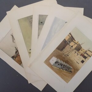 May include: Five vintage prints of Native American architecture, featuring adobe buildings and traditional designs. The prints are in black and white and have a faded, antique look.