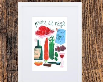 Illustrated Pasta Ragu Recipe Print | A4 Kitchen Wall Art (Framed)